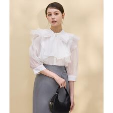 スウィングル(SWINGLE)の七分袖ホワイトメロー配色ボウタイブラウス