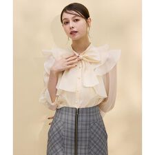 スウィングル(SWINGLE)の七分袖ホワイトメロー配色ボウタイブラウス