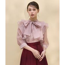 スウィングル(SWINGLE)の七分袖ホワイトメロー配色ボウタイブラウス