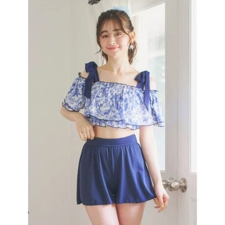 リゾートアイランド　花柄・ドット柄×オフショル水着 スイムウェア 3点セット