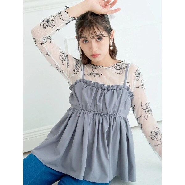 フラワーコード刺繍シアーTOPS &レイヤードフリルTシャツ