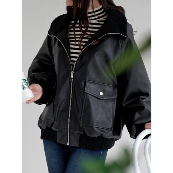 フェイクレザーリブロングカラージャケット | ルディックパーク(Ludic