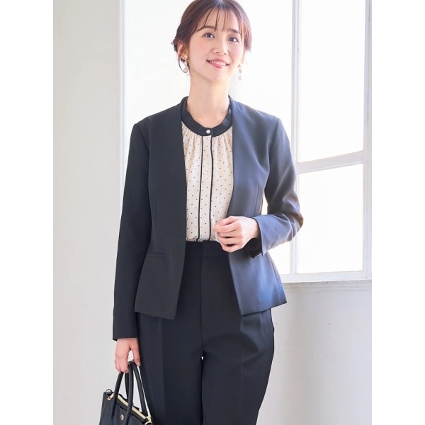 【美品】ナチュラルビューティーベーシック ノーカラージャケット＆スカート M ドビーツイル SETUP ノーカラージャケット | ナチュラルビューティー