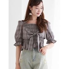 チェック柄シャーリングリボンブラウス