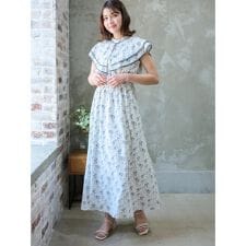 花柄シフォン配色パイピングケープワンピース