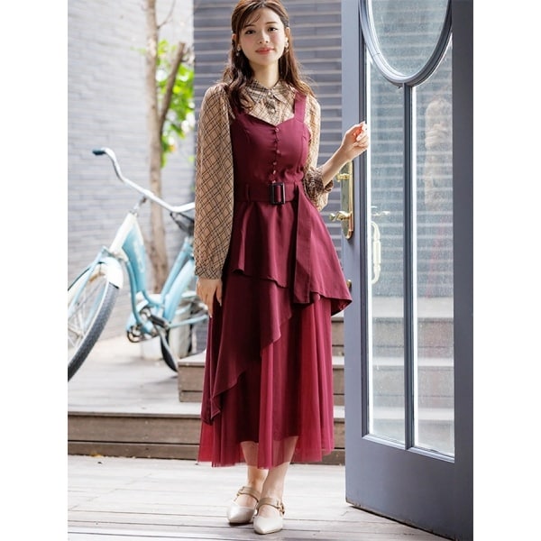 りぃ❣️ アンサンブルチェックミニワンピース ブラウン ダーリッチ Darich チェックニットミニワンピース （ブラウン