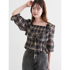 フロントリボンシャーリングブラウス（無地・チェック柄）