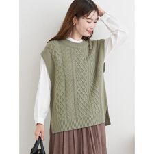 [SET]ケーブルニットベスト×バンドカラーシャツ