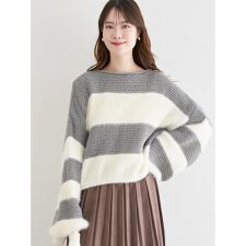 シャギーボーダーショート丈ニットプルオーバー