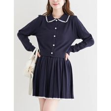 [SET]レース襟付きカーディガン×プリーツスカート