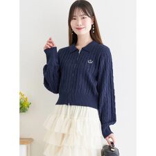 襟付きWZIPケーブルニットカーディガン