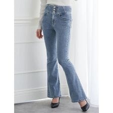 3連ボタンハイウエストフレアデニムパンツ(丈長め)