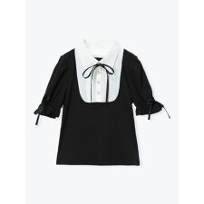 リボン付きシャツレイヤード風トップス