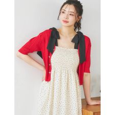 ケーブルリボンボタン半袖ニットカーディガン