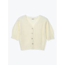 ケーブルリボンボタン半袖ニットカーディガン