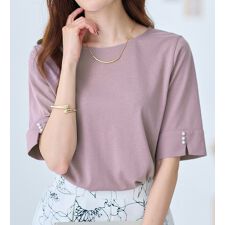 【半袖】柔らか綿混素材パール調ボタンＴシャツ