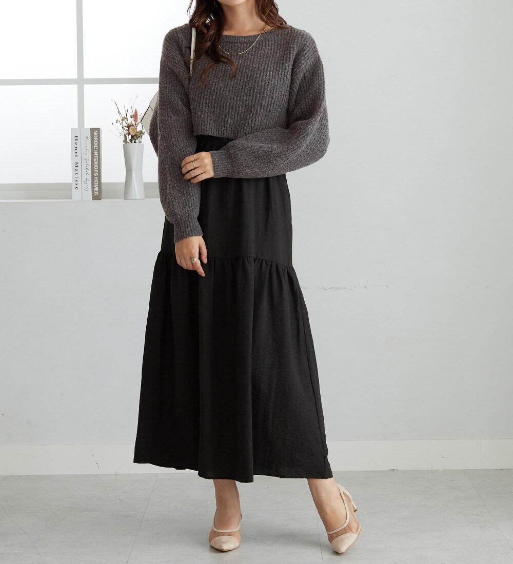 CENEA スパンコールショートニット＋ティアードキャミワンピース set JUNOAH｜CENEA スパンコールショートニット+ティアードキャミ