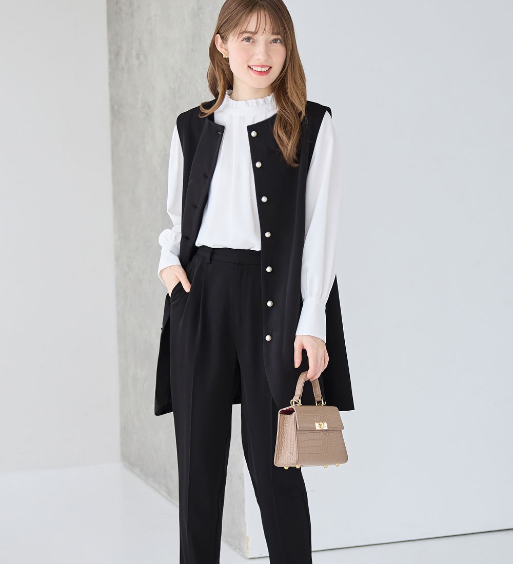 2点セットアップ】洗えるストレッチノーカラーワイドパンツスーツ