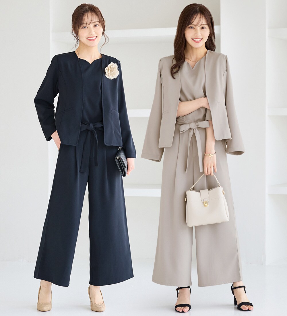 2点セットアップ】洗えるストレッチノーカラーワイドパンツスーツ