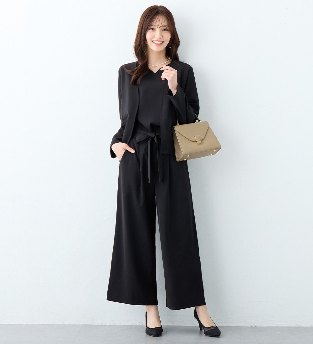 2点セットアップ】洗えるストレッチノーカラーワイドパンツスーツ