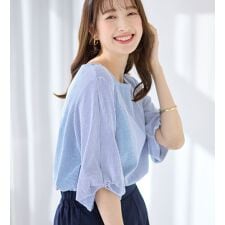 さらっと軽い綿混ストライプ袖タックブラウス