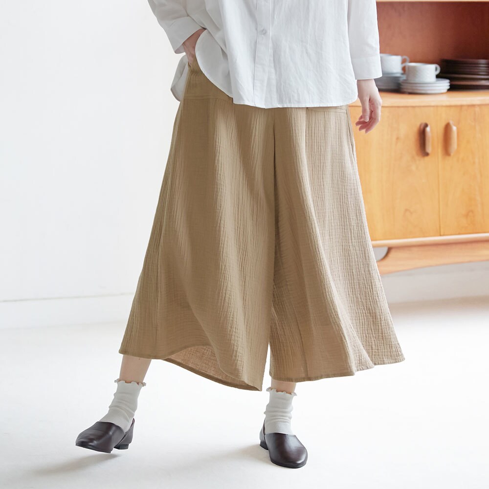 ガーゼ リネン ガウチョ フレア パンツ 無地 パンツ 『しっかりリネン