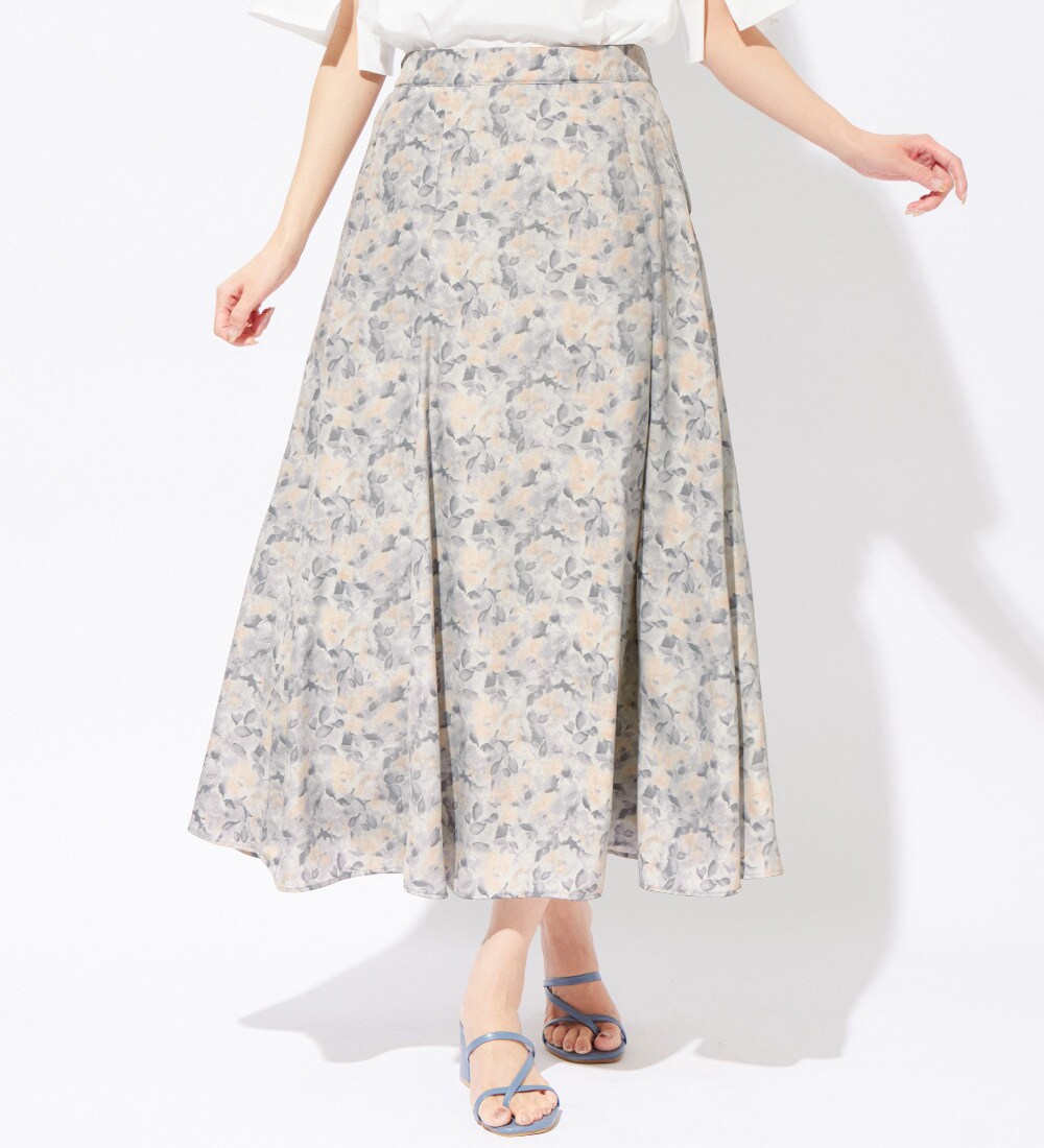 ラップ風切り替えデザイン水彩フラワープリントフレアースカート　ラベンダー トッコクローゼット tocco closet バックレースアップ水彩