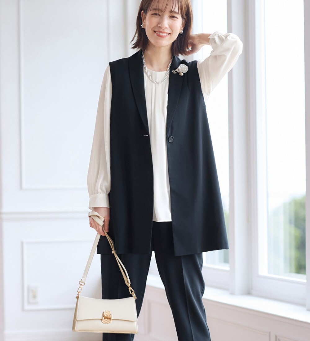 2点セットアップ】洗えるストレッチノーカラーワイドパンツスーツ