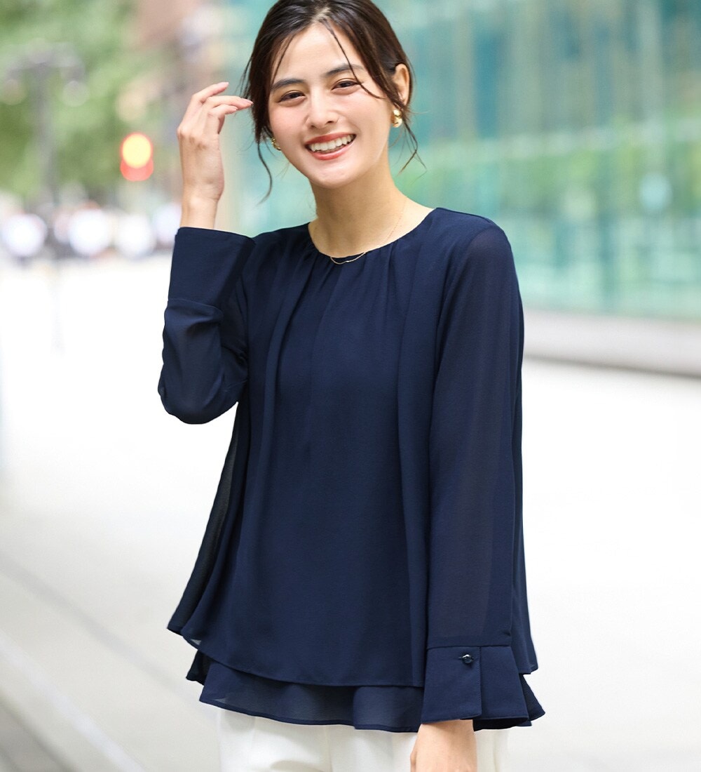 裾フレア裏地付きシフォンブラウス