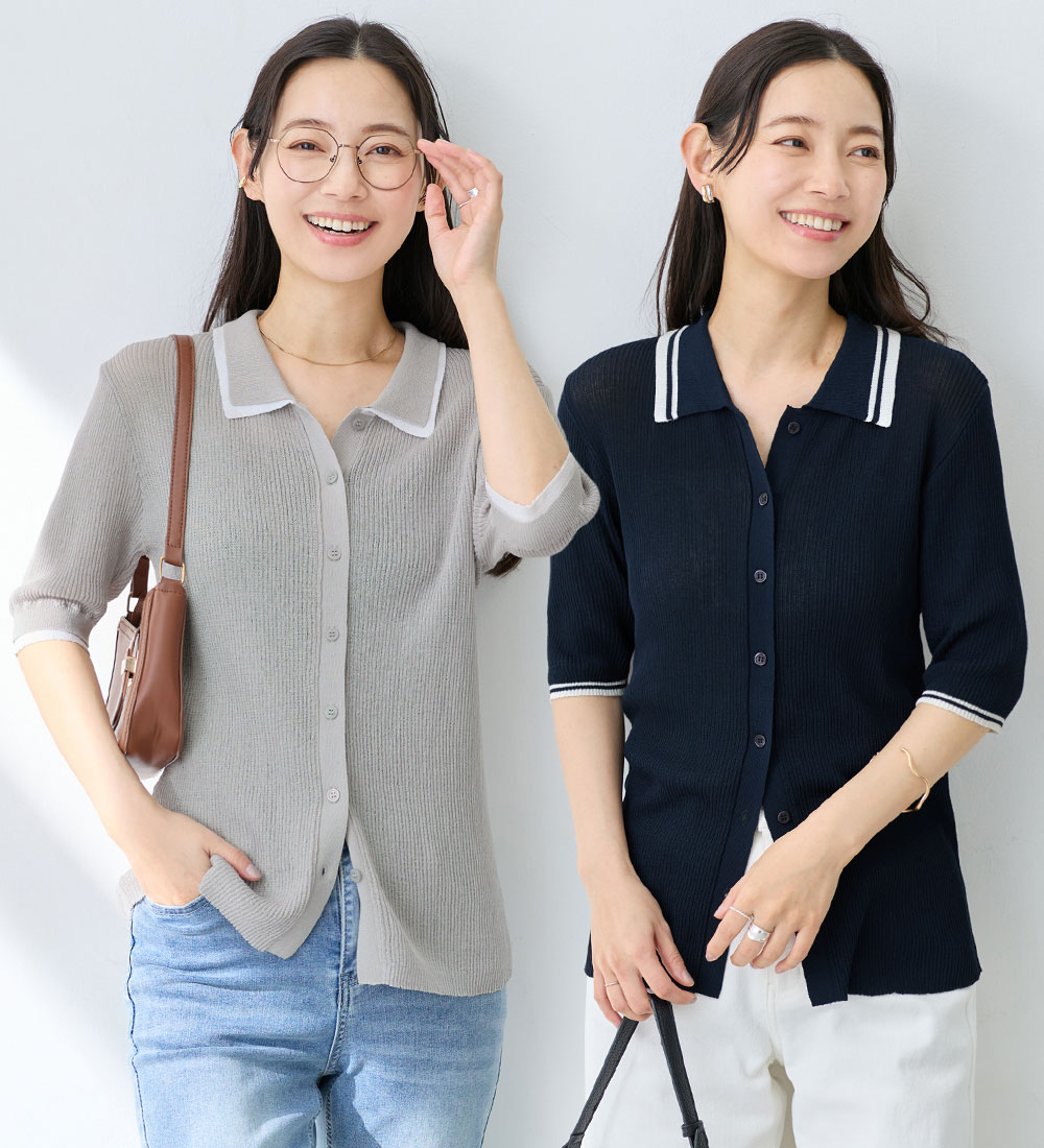 YLÈVE / シアーリブニットスキッパーポロ新品未使用 M L ]深Uネックシアーリブニットトップス［N1132］[品番：KO000015099