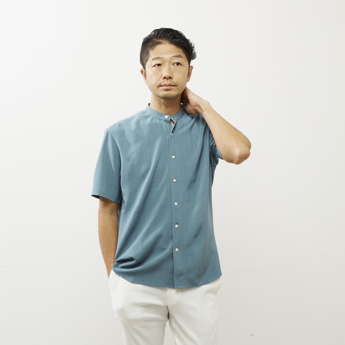 ポリエステルヘアライン半袖バンドカラーシャツ | メンズ