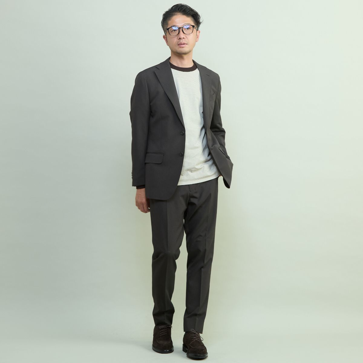 ブラウン系ウール混紡 パンツスーツ 上下セット 美品 L-LL ブラウン系