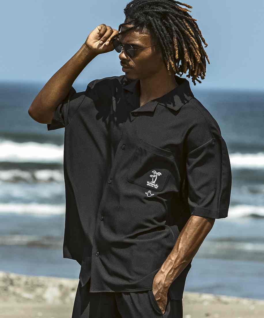 オーバーサイズ ワッペン刺繍 クレリック オープンカラー 半袖シャツ