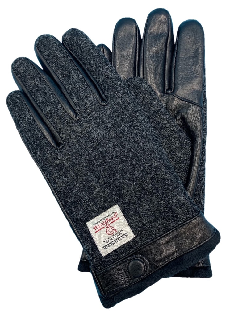 ハリスツィード Harris Tweed x 羊革手袋 メンズ 裾ボア スマホ対応
