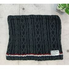 ニットネックウォーマー 縄編みｘトリコロールライン 裏ボア 内ポケット付