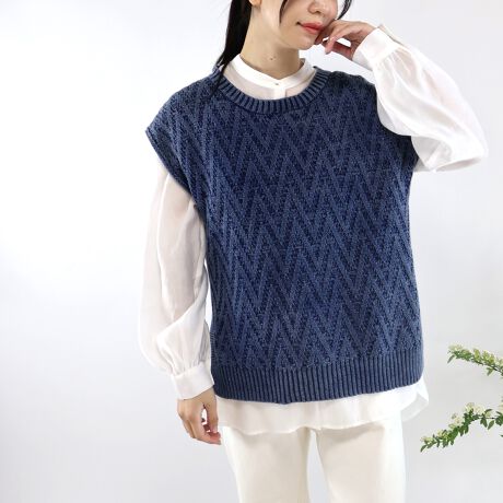 45R】毛100% ウエスト切替バイカラーニットチュニック インディゴ 1  