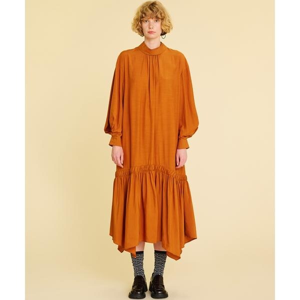 美品 ランバンオンブルー ロールカラーギャザヘムワンピース オレンジ