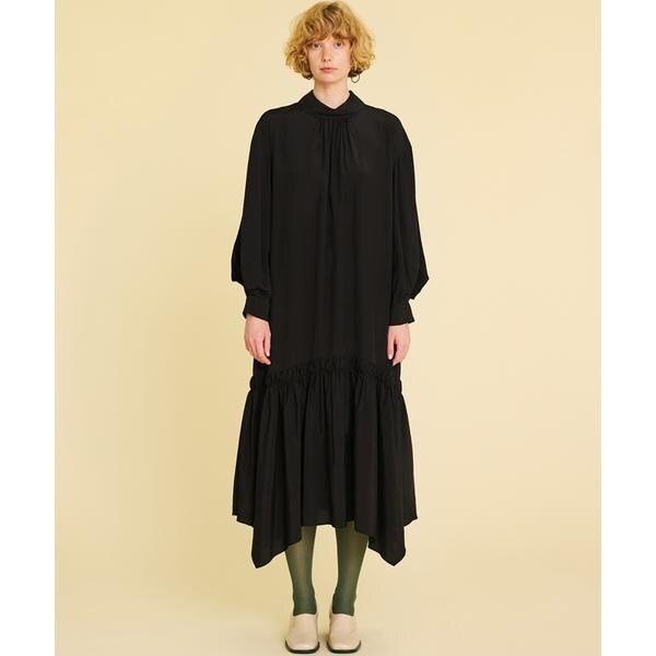 美品 ランバンオンブルー ロールカラーギャザヘムワンピース オレンジ