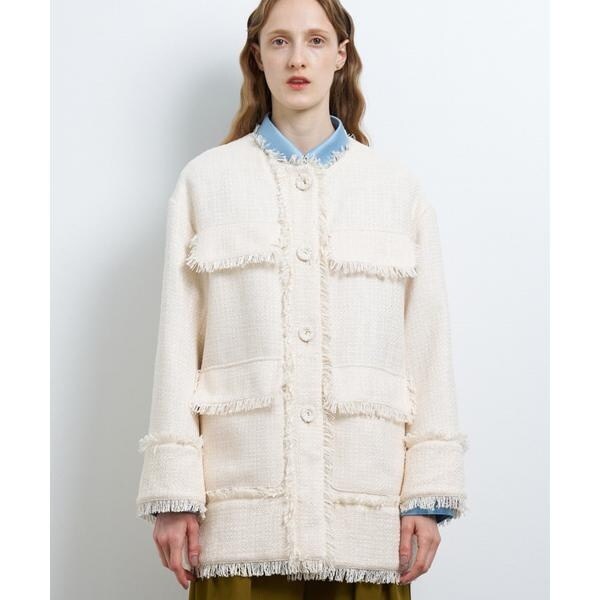 LANVIN en bleu ノーカラーツイードジャケットフリルネイビー