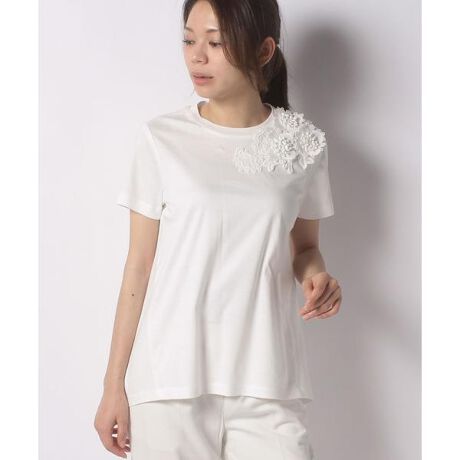 フラワーモチーフ半袖カットソー オフホワイト 7 美品✨Leilian 