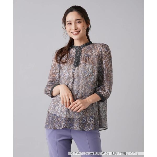 レリアン フロッキー加工 ワンピース 7分袖 ブルーグレー 手洗い