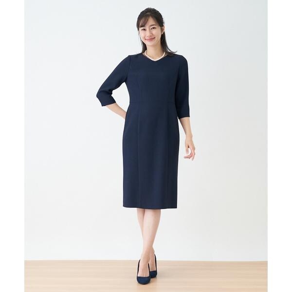 美品　レリアン　leilian 青 Vネック ワンピース 13+ セレモニー】Vネックワンピース【Leilian WHITE LABEL