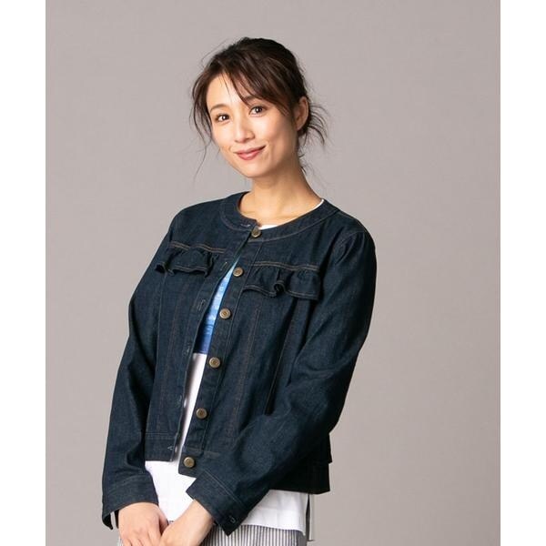 美品レリアンプラスハウス ノーカラーGジャン 13+ ペプラム デニムジャケット ノーカラーGジャン | レリアン プラスハウス(Leilian PLUS HOUSE