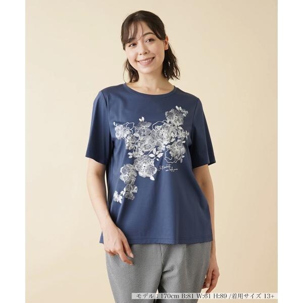 Leilian レリアン 半袖Tシャツ サイズ13プラス ボーダー 紺 白 水色 