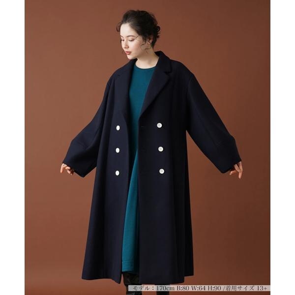 カシミヤ100%【SANYO】マキシ丈ダブルチェスターコート 日本製 ブルー L カシミヤ100%【SANYO】マキシ丈ダブルチェスターコート 日本製