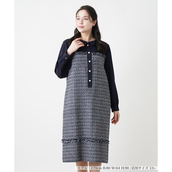 Leilian (レリアン) パイピング長袖ワンピース 毛混厚手 バイ Leilian (レリアン) パイピング長袖ワンピース 毛混厚手 バイ