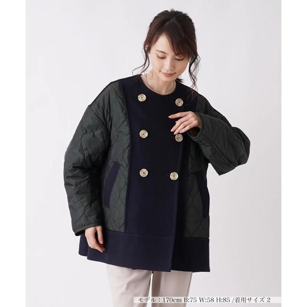 LANVIN ネイビー 中綿キルティングコート LANVIN en Bleu】メルトンコンビキルティングコート