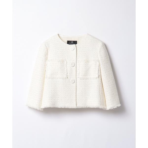 ランバンコレクション ノーカラージャケット ラメツィード ホック留 38 M ランバンコレクション ノーカラージャケット ラメツィード