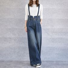 【きれいめサロペット】新色ブラックデニム入荷！ツイル素材 ワイド パンツ ジーンズ ロングセラー