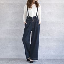 【きれいめサロペット】新色ブラックデニム入荷！ツイル素材 ワイド パンツ ジーンズ ロングセラー